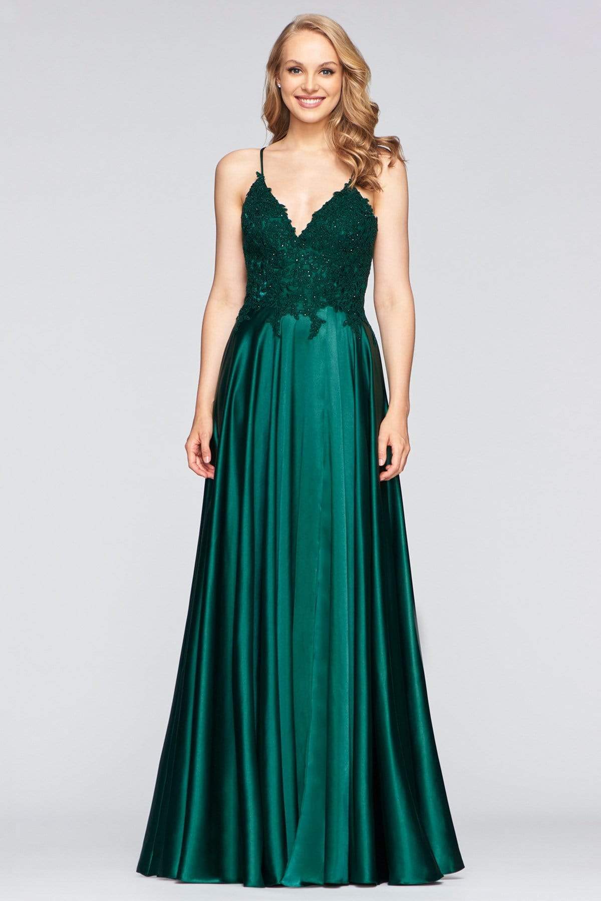 Faviana - S10400 Beaded Lace V Neck Flowy Satin Gown