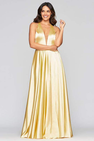 A-line V-neck Charmeuse Sleeveless Natural Waistline Open-Back Sheer Cutout Fitted Floor Length Evening Dress with a Brush/Sweep Train