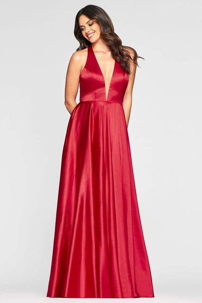 A-line V-neck Natural Waistline Sheer Open-Back Cutout Fitted Sleeveless Charmeuse Floor Length Evening Dress with a Brush/Sweep Train