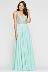 Sophisticated A-line V-neck Sleeveless Floor Length Chiffon Natural Waistline Plunging Neck Pocketed Fitted Applique Dress