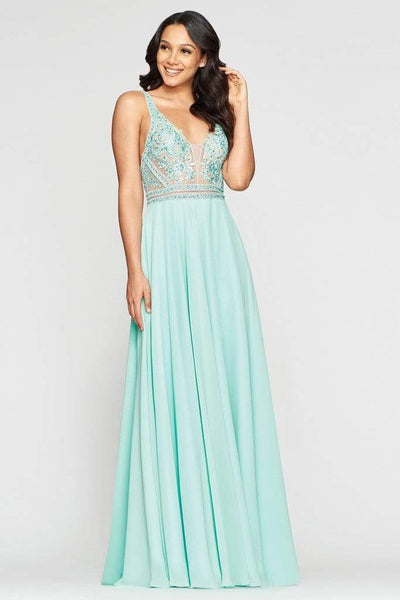 Sophisticated A-line V-neck Sleeveless Floor Length Chiffon Pocketed Applique Fitted Plunging Neck Natural Waistline Dress