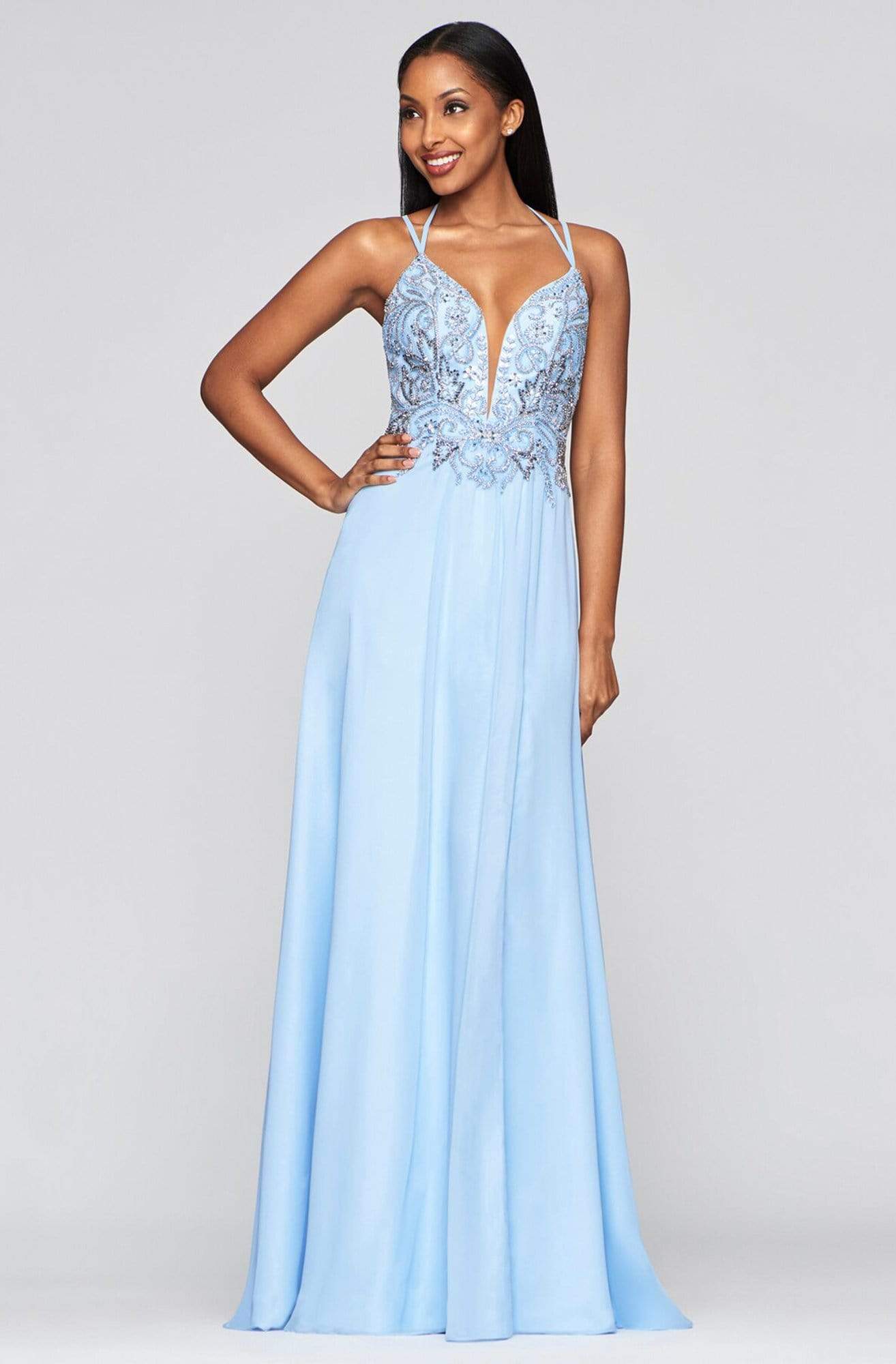 Faviana - S10416 Beaded Deep V-neck Chiffon A-line Dress
