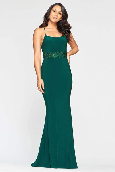 Sophisticated Modest Scoop Neck Back Zipper Open-Back Fitted Beaded Jersey Floor Length Sheath Spaghetti Strap Natural Princess Seams Waistline Sheath Dress/Evening Dress/Prom Dress with a Brush/Sweep