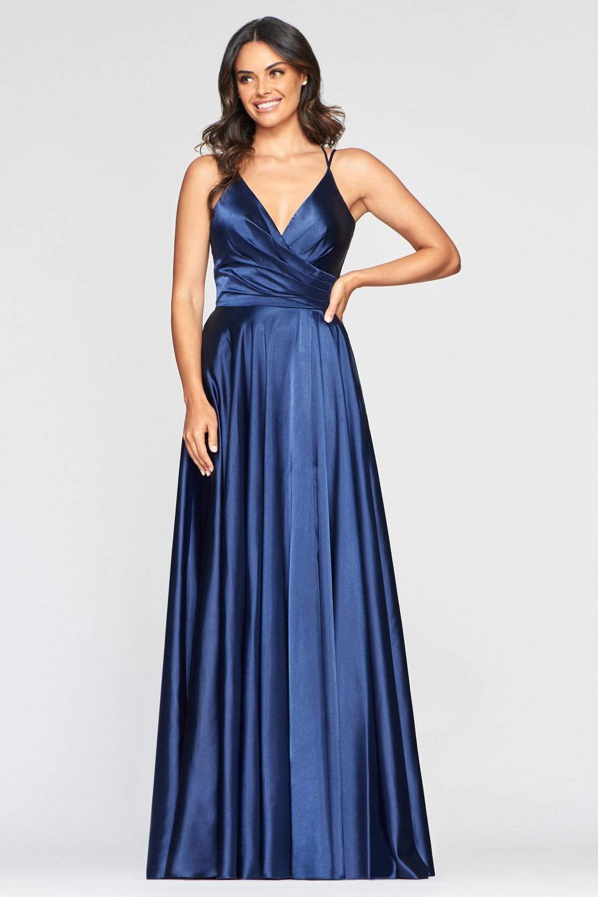 Faviana - S10429 V Neck Pleated Bodice Lace-Up back Satin Gown
