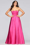 Sophisticated A-line Strapless Open-Back Lace-Up Slit Straight Neck Satin Natural Waistline Dress with a Brush/Sweep Train