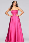 Sophisticated A-line Strapless Satin Straight Neck Natural Waistline Lace-Up Open-Back Slit Dress with a Brush/Sweep Train