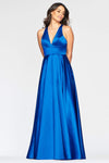 Sexy A-line Fitted Pleated Slit Open-Back Halter Plunging Neck Empire Princess Seams Waistline Floor Length Satin Sleeveless Dress