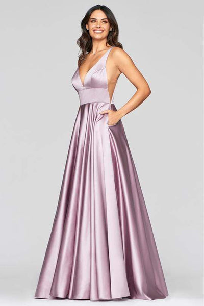 Sophisticated Modest A-line V-neck Sleeveless Plunging Neck Back Zipper Illusion Open-Back Pocketed Satin Empire Waistline Prom Dress with a Brush/Sweep Train