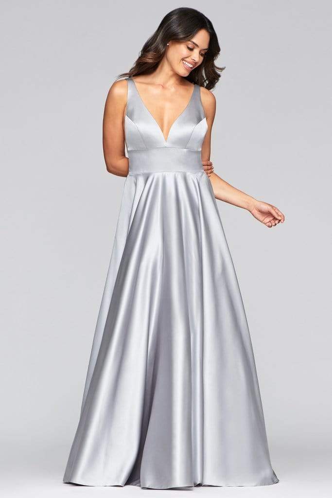 Faviana - S10474 V-Neck Empire Modest Prom Satin Dress
