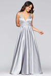 Sophisticated Modest A-line V-neck Plunging Neck Sleeveless Satin Empire Waistline Illusion Back Zipper Pocketed Open-Back Prom Dress with a Brush/Sweep Train