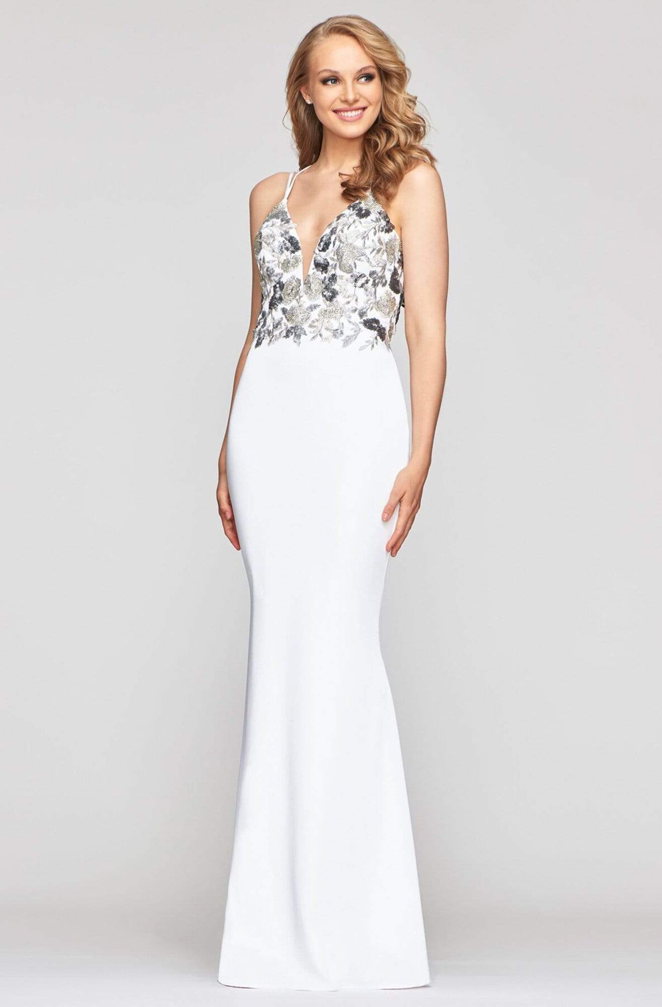 Faviana - S10475 Embroidered Deep V-neck Faille Satin Trumpet Dress