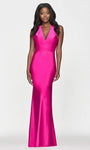 Sleeveless Open-Back Shirred Beaded Natural Waistline Sheath Halter Plunging Neck Charmeuse Sheath Dress with a Brush/Sweep Train