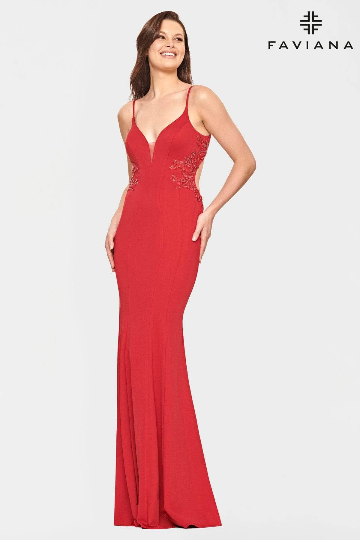 Faviana - S10668 V Neck Side Detailed Long Gown
