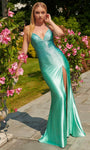 Sexy V-neck Mermaid Satin Natural Waistline Sleeveless Spaghetti Strap Floor Length Ruched Beaded Back Zipper Slit Fall Evening Dress with a Brush/Sweep Train With Rhinestones