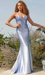 Sexy V-neck Sleeveless Spaghetti Strap Mermaid Natural Waistline Satin Beaded Back Zipper Ruched Slit Floor Length Fall Evening Dress with a Brush/Sweep Train With Rhinestones