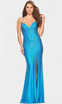 Sexy V-neck Sleeveless Spaghetti Strap Sheath Natural Waistline General Print Floor Length Beaded Lace-Up Open-Back Self Tie Slit Charmeuse Sheath Dress/Evening Dress with a Brush/Sweep Train With Rhi