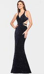 V-neck Floor Length Halter Mermaid Natural Waistline Velvet Sleeveless Fitted Sequined Open-Back Cutout Evening Dress with a Brush/Sweep Train