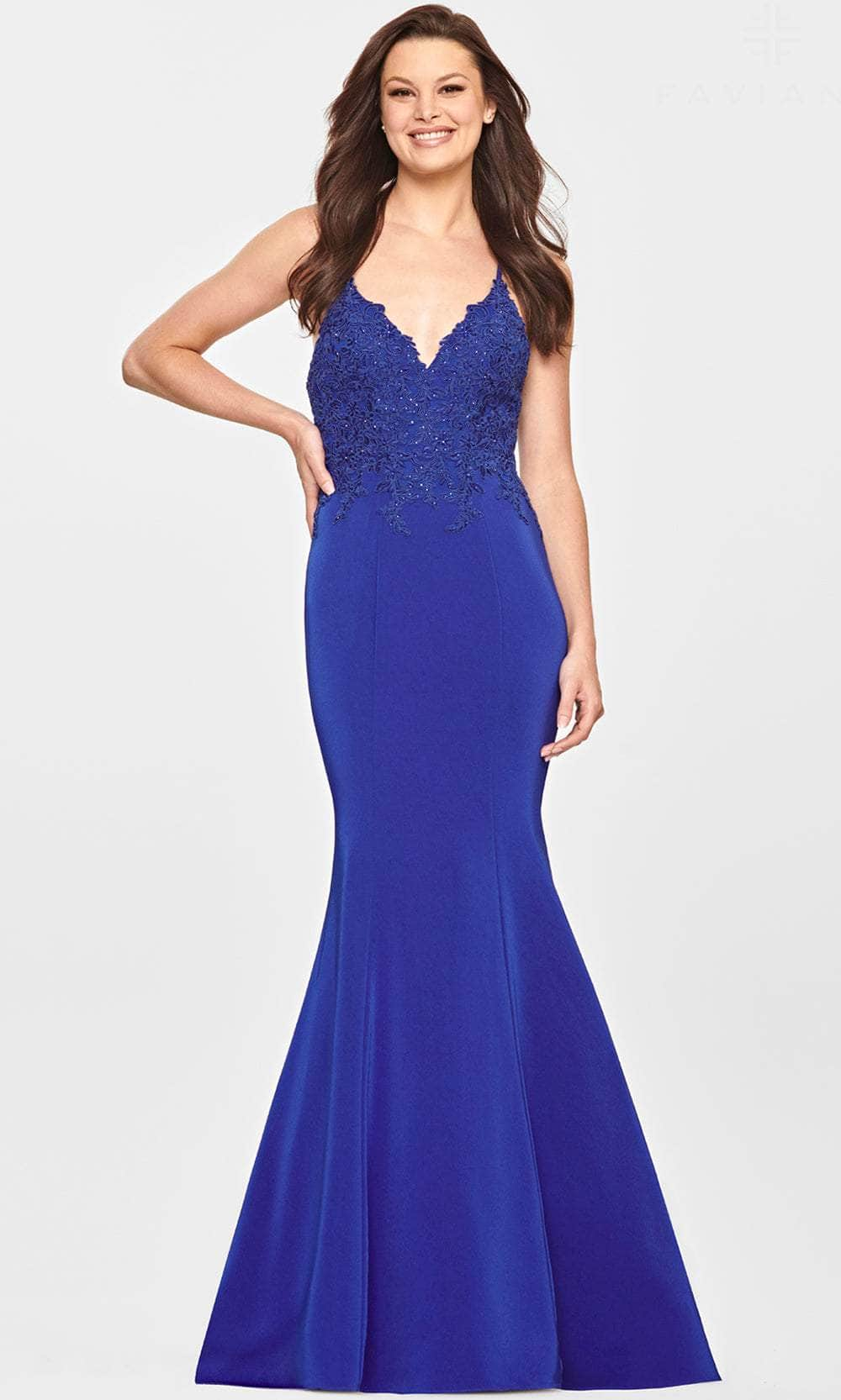 Faviana S10821 - Lace Appliqued V-Neck Evening Gown
