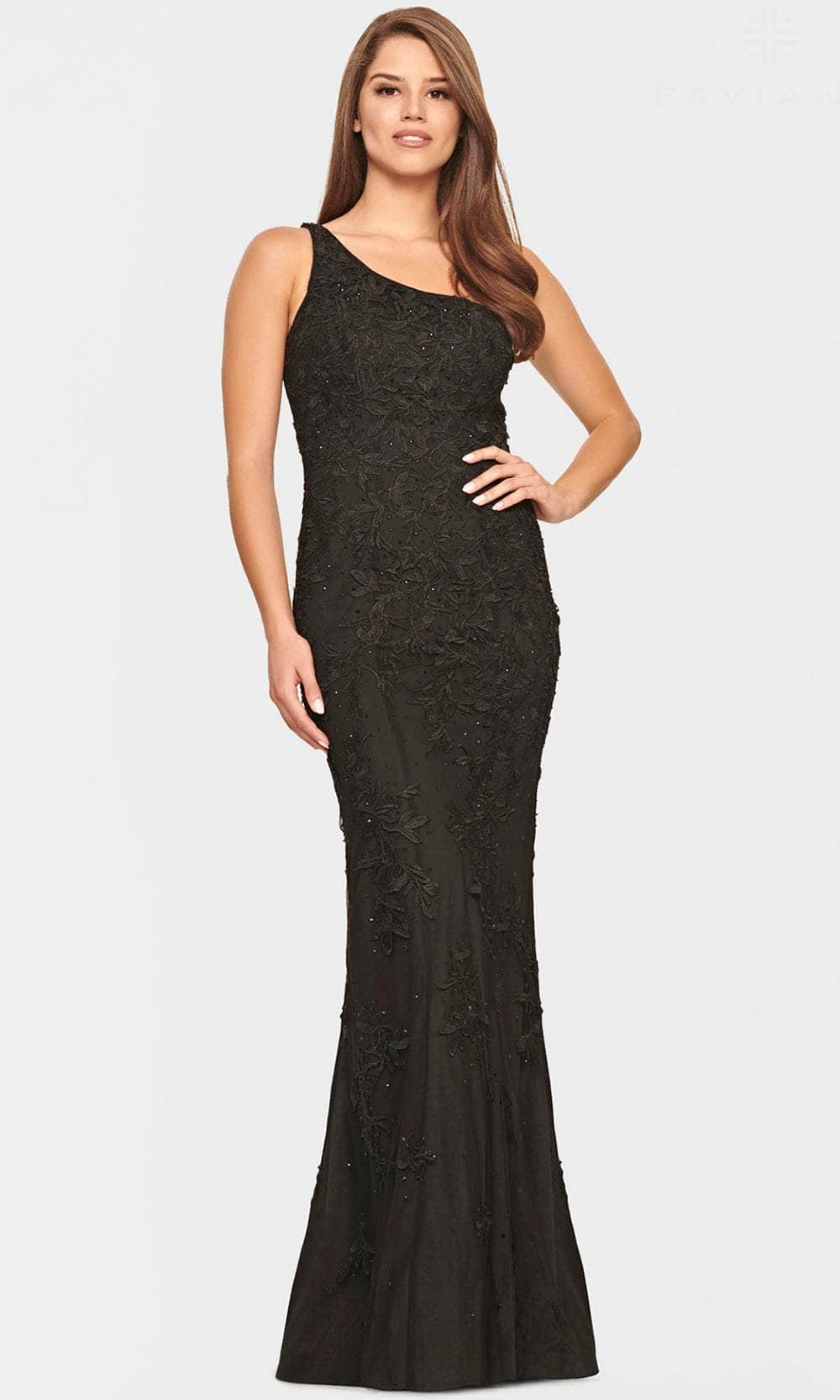 Faviana S10822 - Asymmetric Lace Appliqued Prom Gown
