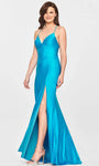 Sexy V-neck Sheath Charmeuse Spaghetti Strap Natural Waistline Floor Length Back Zipper Fitted Lace-Up Slit Ruched Sheath Dress/Evening Dress with a Brush/Sweep Train