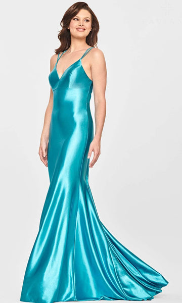 V-neck Mermaid Satin Hidden Back Zipper Lace-Up Empire Waistline Sleeveless Evening Dress