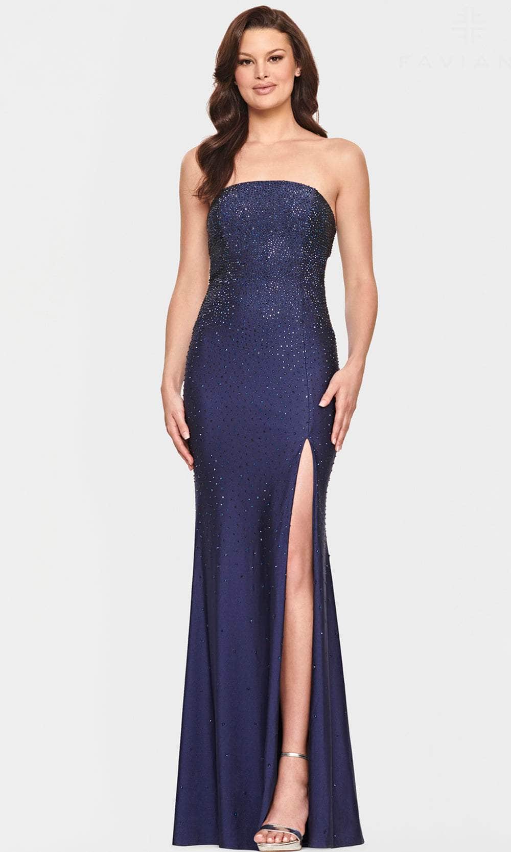 Faviana S10839 - Sparkly Strapless High Slit Prom Dress
