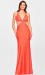 V-neck Strapless Sleeveless Natural Waistline Plunging Neck Floor Length Charmeuse Cutout Slit Ruched Open-Back Sheath Sheath Dress/Evening Dress with a Brush/Sweep Train