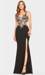 Sophisticated Modest V-neck Sheath Mermaid Sleeveless Spaghetti Strap Corset Natural Waistline Hidden Back Zipper Sheer Sequined Applique Slit Floor Length Floral Print Sheath Dress/Evening Dress