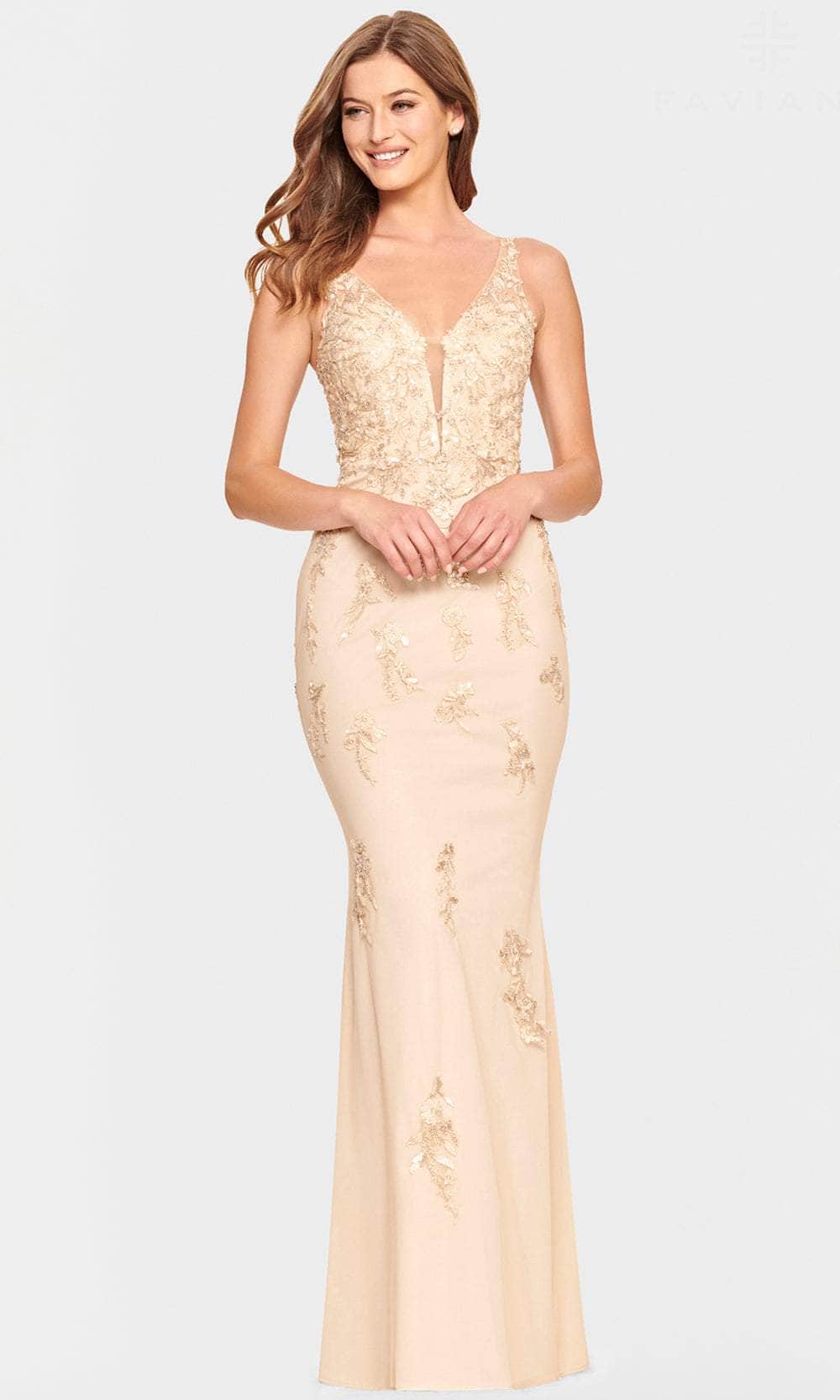Faviana S10855 - V Neck Appliqued Tulle Prom Dress

