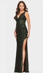 Sexy V-neck Floor Length Sequined Slit Glittering V Back Sheath Natural Waistline Sleeveless Sheath Dress/Evening Dress