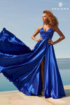 A-line V-neck Floor Length Sleeveless Charmeuse Plunging Neck Natural Waistline Lace-Up Fitted Slit Dress