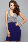 V-neck Plunging Neck Sleeveless Fitted Beaded Sheer Crystal Sheath Natural Waistline Jersey Cocktail Short Sheath Dress