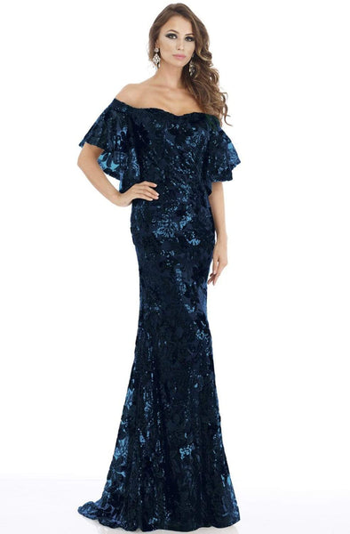 Natural Waistline Sheath Floor Length Back Zipper Open-Back Sequined Fitted Sheer Sleeves Off the Shoulder Sheath Dress with a Brush/Sweep Train With Ruffles