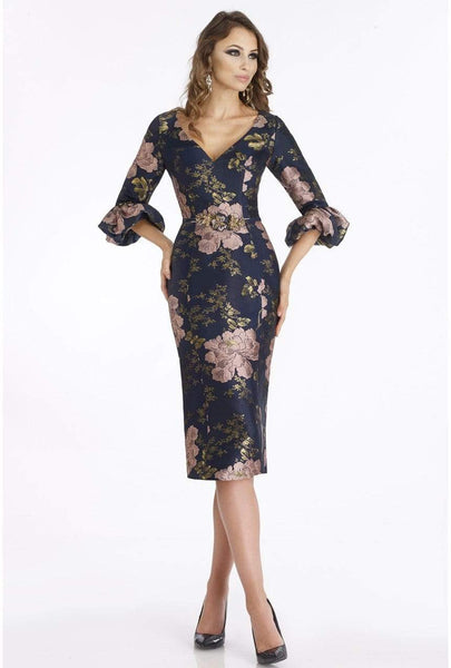 V-neck Sheath Puff Sleeves Sleeves Above the Knee Fitted Floral Print Natural Waistline Sheath Dress