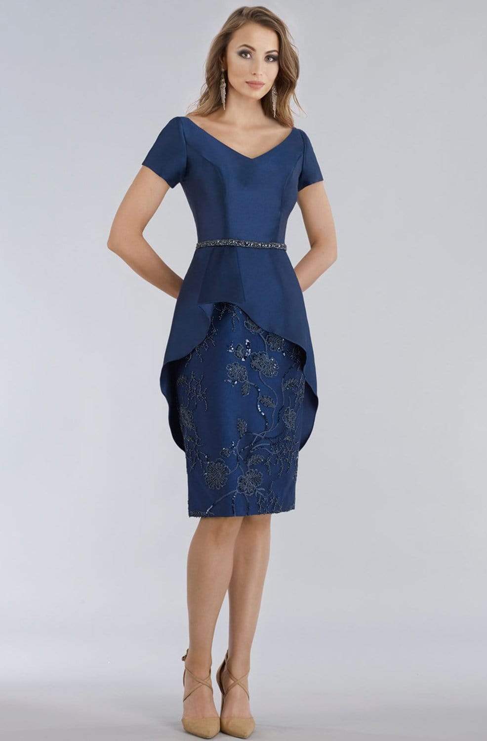 Feriani Couture - 18953 Short Sleeve Knee Length Peplum Beaded Dress
