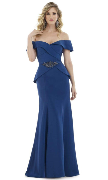 Off the Shoulder Asymmetric Hidden Back Zipper Peplum Fitted Jeweled Fit-and-Flare Mermaid Natural Waistline Evening Dress with a Brush/Sweep Train