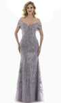 2013 Natural Waistline Off the Shoulder Plunging Neck Embroidered Fitted Mermaid Dress