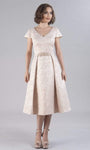 A-line V-neck Brocade Back Zipper Beaded Open-Back Tea Length Natural Waistline Short Sleeves Sleeves Dress