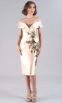 Off the Shoulder Natural Waistline Above the Knee Embroidered Beaded Draped Sheath Sheath Dress With a Bow(s)