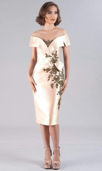 Embroidered Beaded Draped Natural Waistline Sheath Above the Knee Off the Shoulder Sheath Dress With a Bow(s)