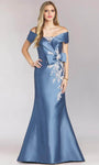 Tall Fit-and-Flare Mermaid Metallic Fitted Hidden Back Zipper Applique Short Sleeves Sleeves Off the Shoulder Natural Waistline Sweetheart Floor Length Fall Dress With a Bow(s)