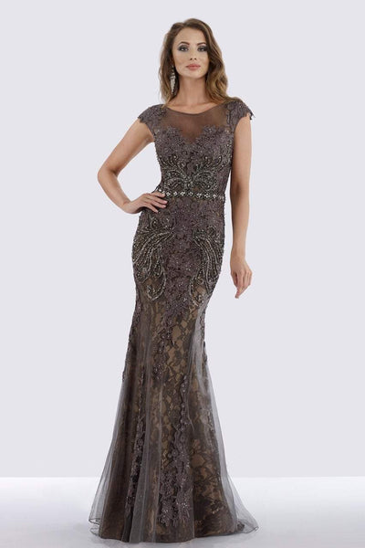 Bateau Neck Sheath Floral Print Natural Waistline Cap Sleeves Applique Fitted Beaded Sheer Illusion Back Zipper Sheath Dress/Evening Dress with a Brush/Sweep Train