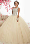 Tulle Cap Sleeves Beaded Fitted Glittering Open-Back Lace-Up Jeweled Neck Basque Waistline Prom Dress