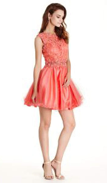 A-line Jeweled Neck Short Natural Waistline Sheer Floral Print Sleeveless Lace Homecoming Dress
