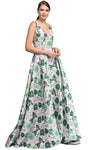 A-line V-neck Floral Print Sleeveless V Back Sheer Fitted Natural Waistline Plunging Neck Evening Dress/Prom Dress