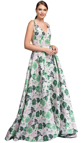 A-line V-neck Plunging Neck Sleeveless Sheer V Back Fitted Natural Waistline Floral Print Evening Dress/Prom Dress