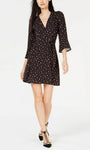A-line V-neck Natural Tie Waist Waistline Faux Wrap Pleated Above the Knee Bell Sleeves Floral Print Dress