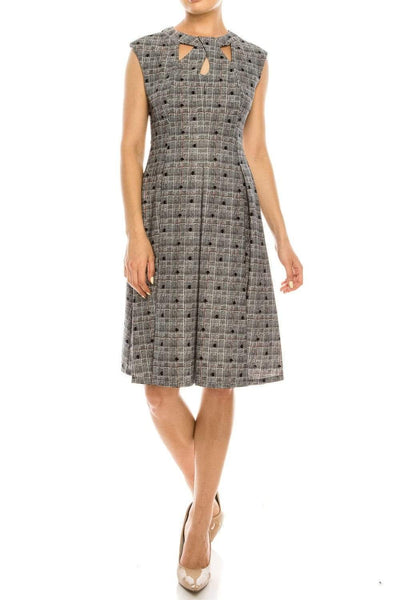 A-line Plaid Polka Dots Print Natural Waistline Crepe Pleated Jeweled Fitted Cutout Back Zipper Jeweled Neck Round Neck Cap Sleeves Cocktail Short Dress