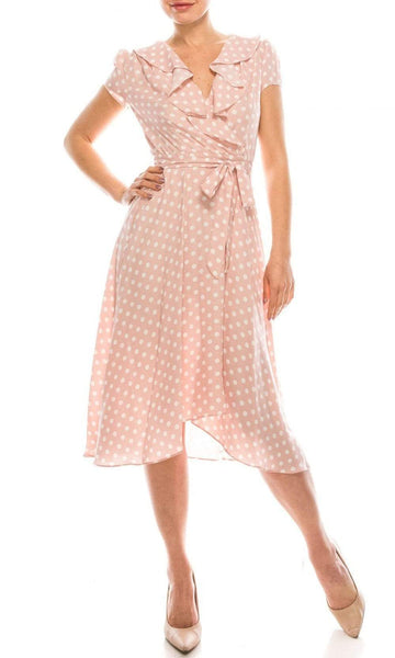 A-line V-neck Polka Dots Print Above the Knee High-Low-Hem Faux Wrap Hidden Back Zipper Short Sleeves Sleeves Natural Tie Waist Waistline Dress With a Ribbon and Ruffles