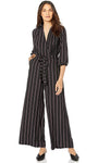 Tall V-neck Metallic Striped Print Floor Length Back Zipper Pocketed Natural Tie Waist Waistline Jumpsuit With a Sash